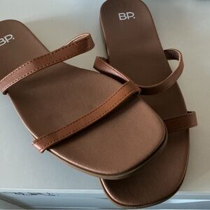 BP. Brown Triple-Strap Slide Sandals